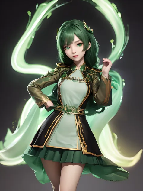 1girl,moyou,full body,black background,characters are full of composition, green hair, green eyes,