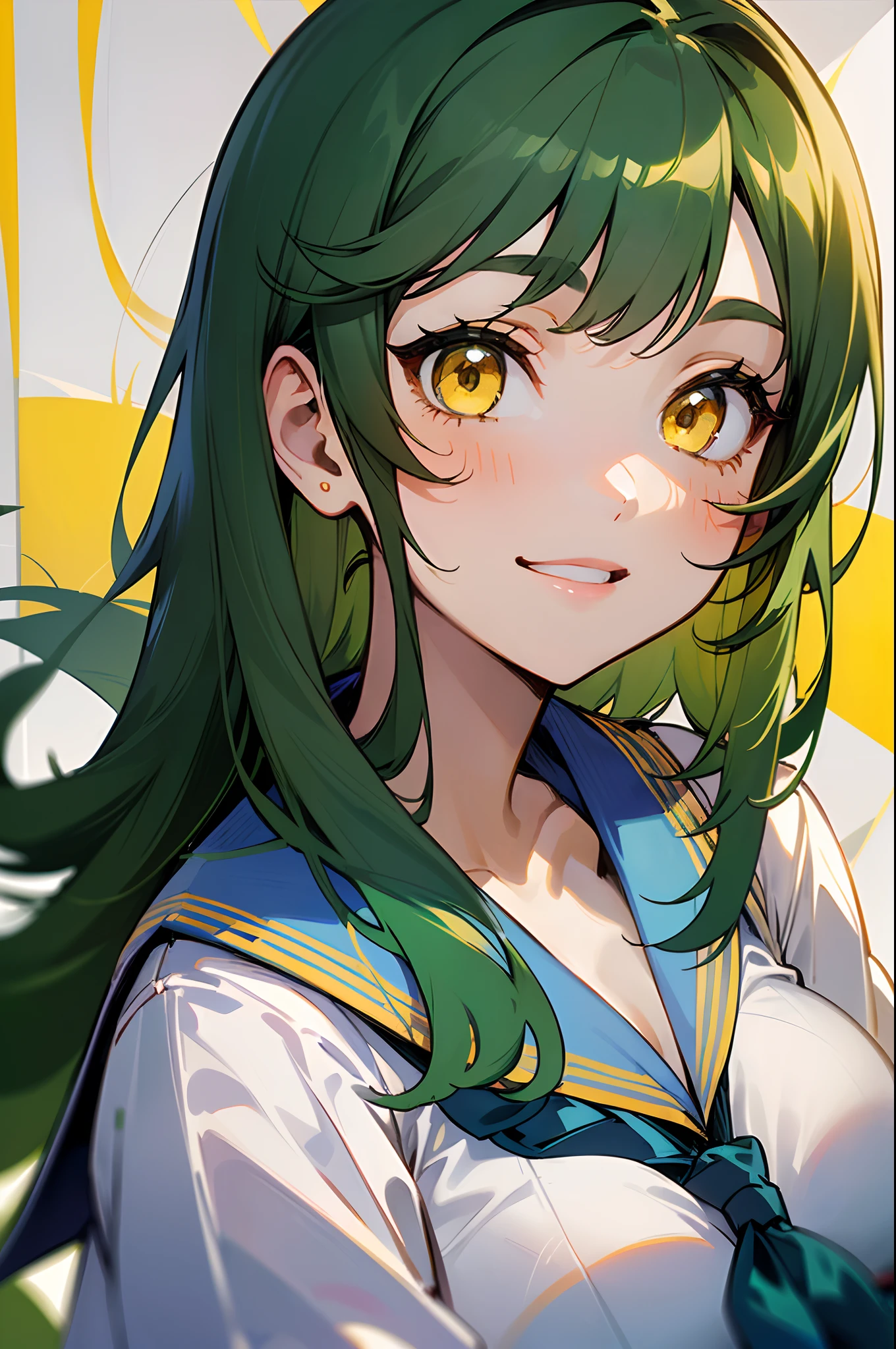 ((girl with、Sailor Uniform 、Dark green hair:1.5、straight haired、shairband:1.5、Yellow eyes、A slight smil、Big breasts))