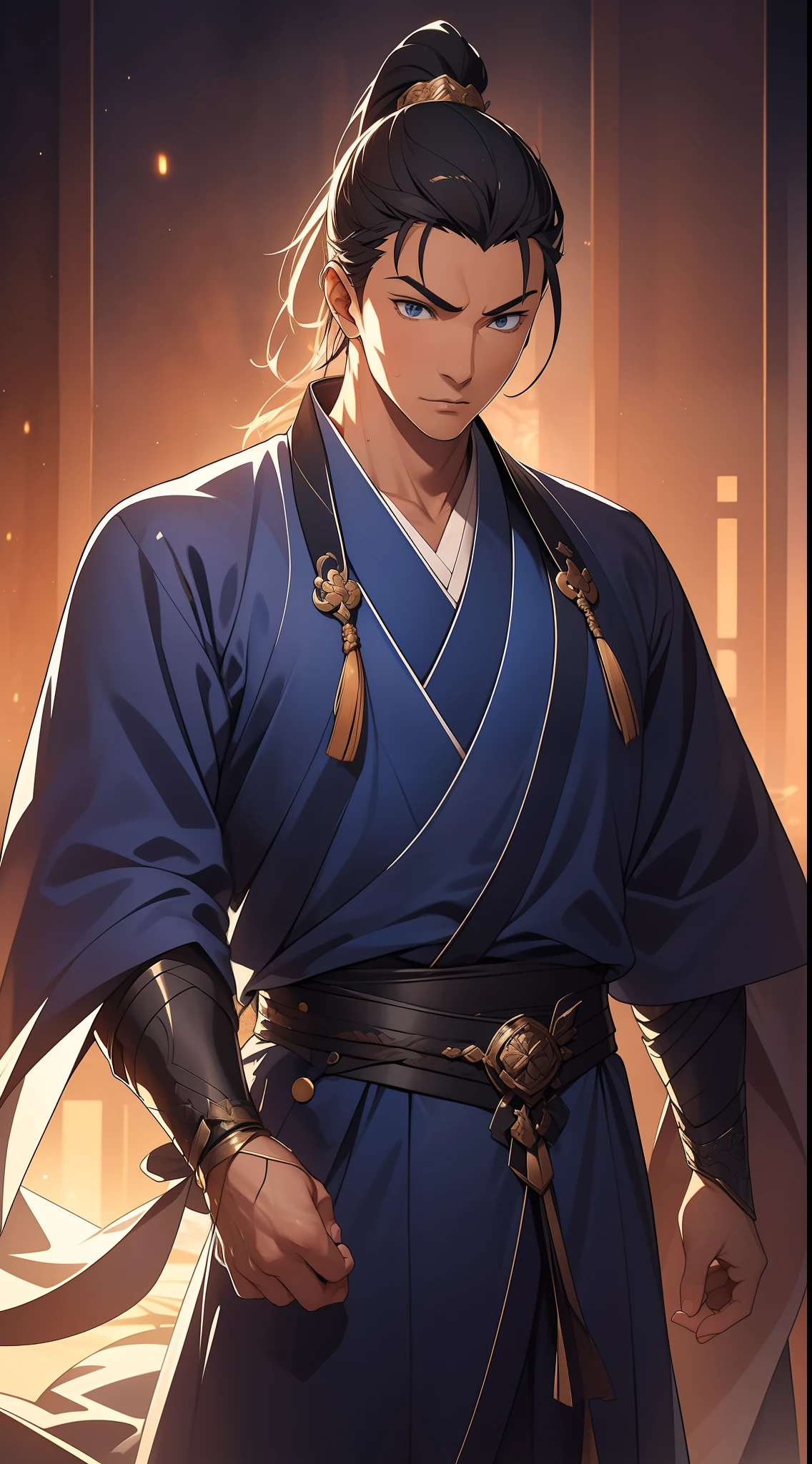 quadratic element，style of anime，mtu（Male Warrior），The proportions are correct，Face details，swordsmen，High ponytail hairstyle，Neck details，There is an Adam's apple，Blue suit，kaftan，long blue robes，clothes details，Handing over，longer sleeves，Game quality，Swordsmanship，Light and shadow tracking，Ray traching，detailed glow，cg render，hair detail，Black long hair，blue colored eyes，Handsome，Handsome，（juvenile sense），Clothing is complicated，Perfectcomposition，Refinement，high qulity，higher details，Lots of details，The background is complex，a sense of atmosphere，