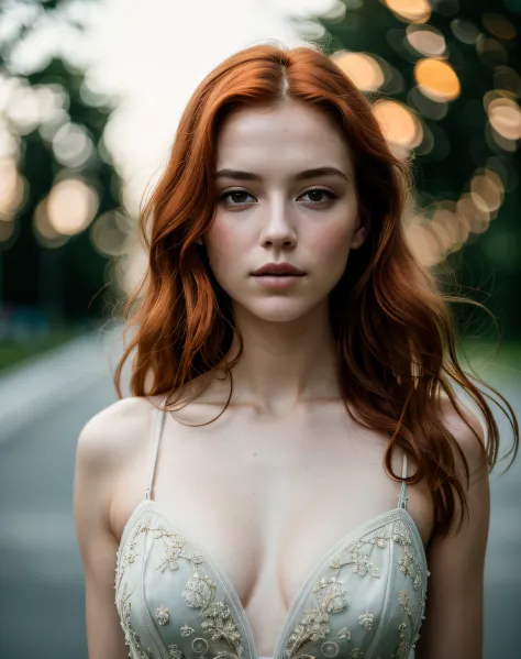 (Masterpiece), (extremely intricate:1.3),, (Realstic), Portrait d'une fille, la plus belle du monde red hair, dehors, intense sunlight, professional photograph of a stunning woman detailed, mise au point nette, dramatique, award winning, lighting cinematic...