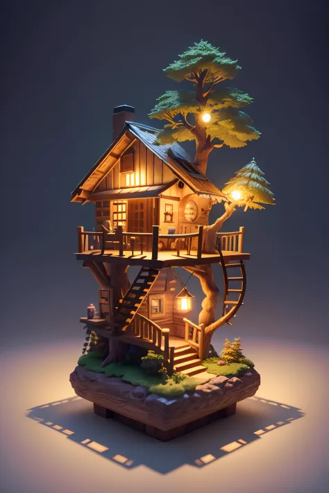 （Pixar style),Cozy little treehouse model, Miniature Figure Models, Right-to-left light source, Rambrandt Lighting, Right-to-left light source, (Isometric view), (top down), Realistic scale, Post-processing, ((Orthogonal perspective)), Super Detail, Realis...