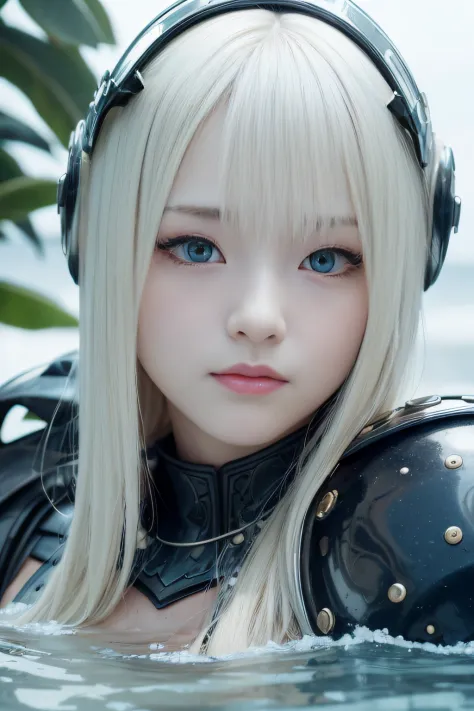 best qualtiy、masutepiece、超A high resolution、(Photorealistic:1.4)、(Underwater face:1.2)、infp young woman、small head、a small face、blonde  hair、(Decorated night helmet covering the ears:1.3)、(Richly decorated white full-body armor:1.3)、Appearance without make...