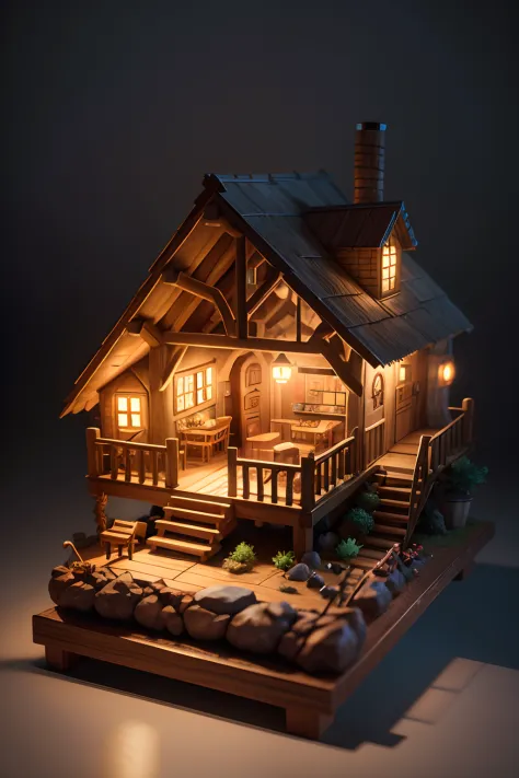 （Pixar style),Cozy Treehouse Model, Miniature Figure Models, Right-to-left light source, Rambrandt Lighting, Right-to-left light source, (Isometric view), (top down), Realistic scale, Post-processing, ((Orthogonal perspective)), Super Detail, Realistic, Super realistic, lifelike rendering, Slightly dim lighting、Professional photographer