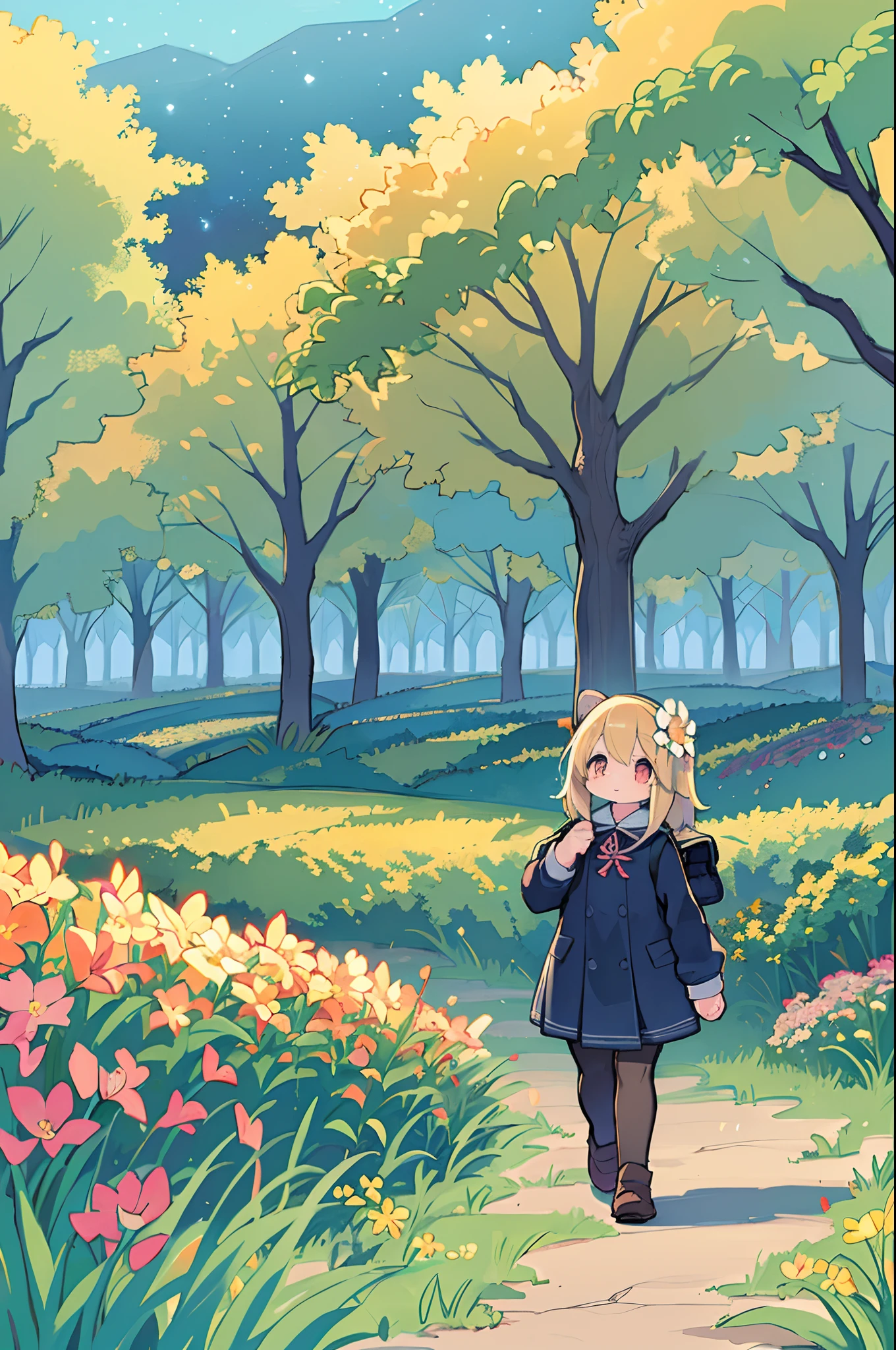 Há uma menina em pé em um campo de flores e olhando para o céu, Menina em pé em um jardim de flores, menina andando no campo de flores, Perdido no país das maravilhas dos sonhos, fica em um campo florido, Pintura digital incrível, O céu é Xu々Vai fazer sol, O céu estrelado é Xu々Retire-se para