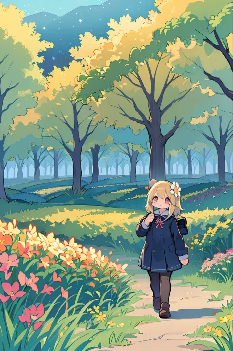 There is a girl standing in a flower field and looking up at the sky, Girl Standing In A Flower Garden, girl walking in flower f...