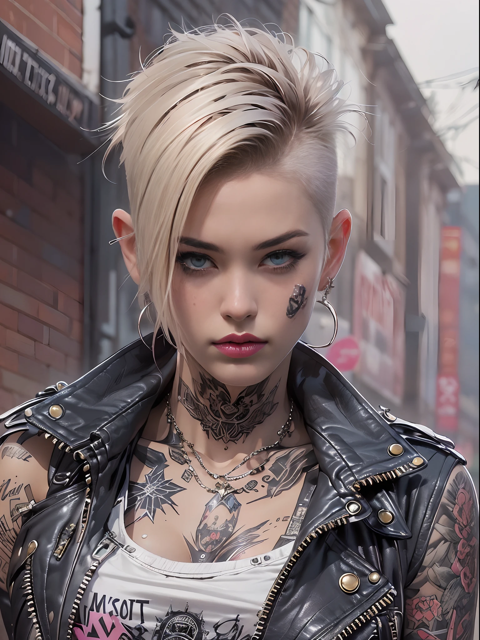 (((of the highest quality: 1.4))),(unparalleled masterpiece ever), (Ultra high definition),(Ultra-realistic 8K CG), offcial art、 (((adult body))), (((1girl in))), ((( Bob Shorthair ))), Punk girl with a perfect body, Jacket with metal spines,Beautiful and well-groomed face,,Detailed punk fashion,leather jackets, (Image from head to thigh),(( White Blonde Bob Shorthair )), Small leather panties, Simon Bisley's urban savage style,Detailed street background of London,Clean abs, Complex graphics, dark pink with white stars and gray and white stripes,,, (( Many poisonous tattoos )), piercings,