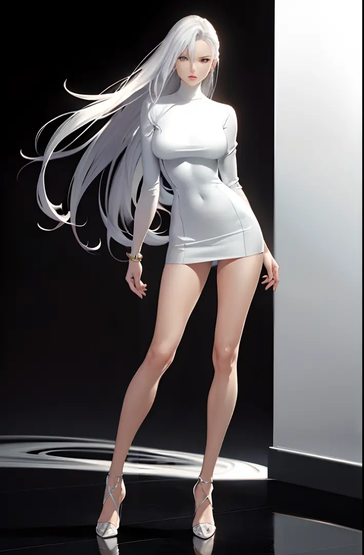 Master anime work, impeccable masterpiece, a sexy mature modern woman in cool sexy modern clothes standing on a pure white background, flowing silver hair, full body standing posture, slender legs, straight breasts, detailed face details, natural and beaut...