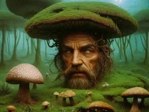 Headshot picture of druid with head full of mushrooms lisegic detailed surreal dreamy epic psychdelic biomorphic intrincate background photorealistic by beksinski, 8 k