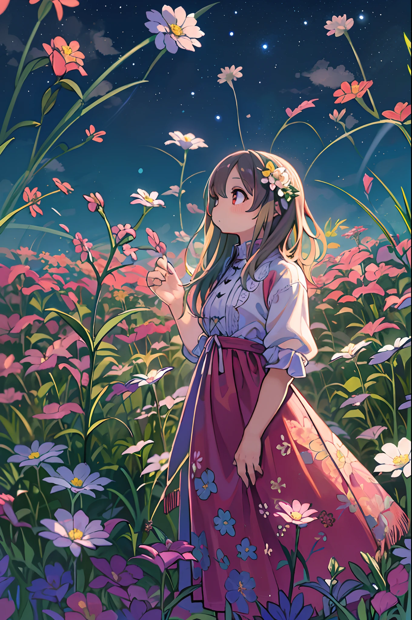 There is a girl standing in a flower field and looking up at the sky, Girl Standing In A Flower Garden, girl walking in flower field, Lost in Dreamy Wonderland, stands in a flowering field, Awesome digital painting, Sky is Xu々It will be sunny to, Starry sky is Xu々Retreat to