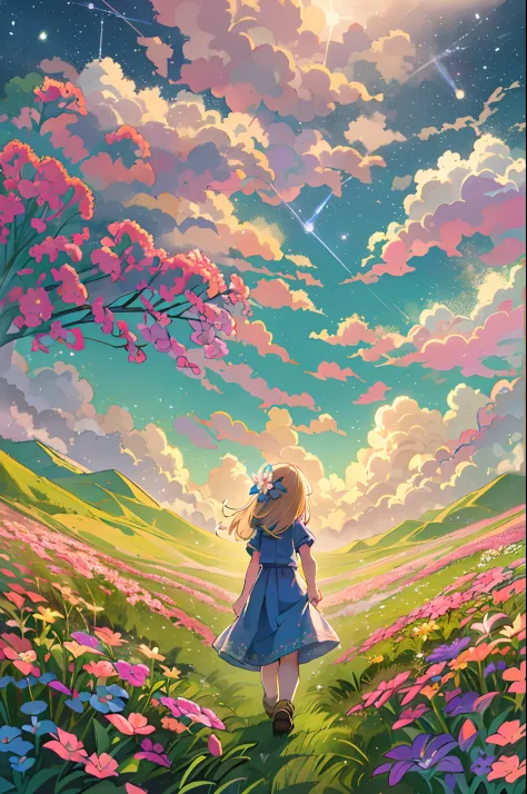 There is a girl standing in a flower field and looking up at the sky, Girl Standing In A Flower Garden, girl walking in flower f...