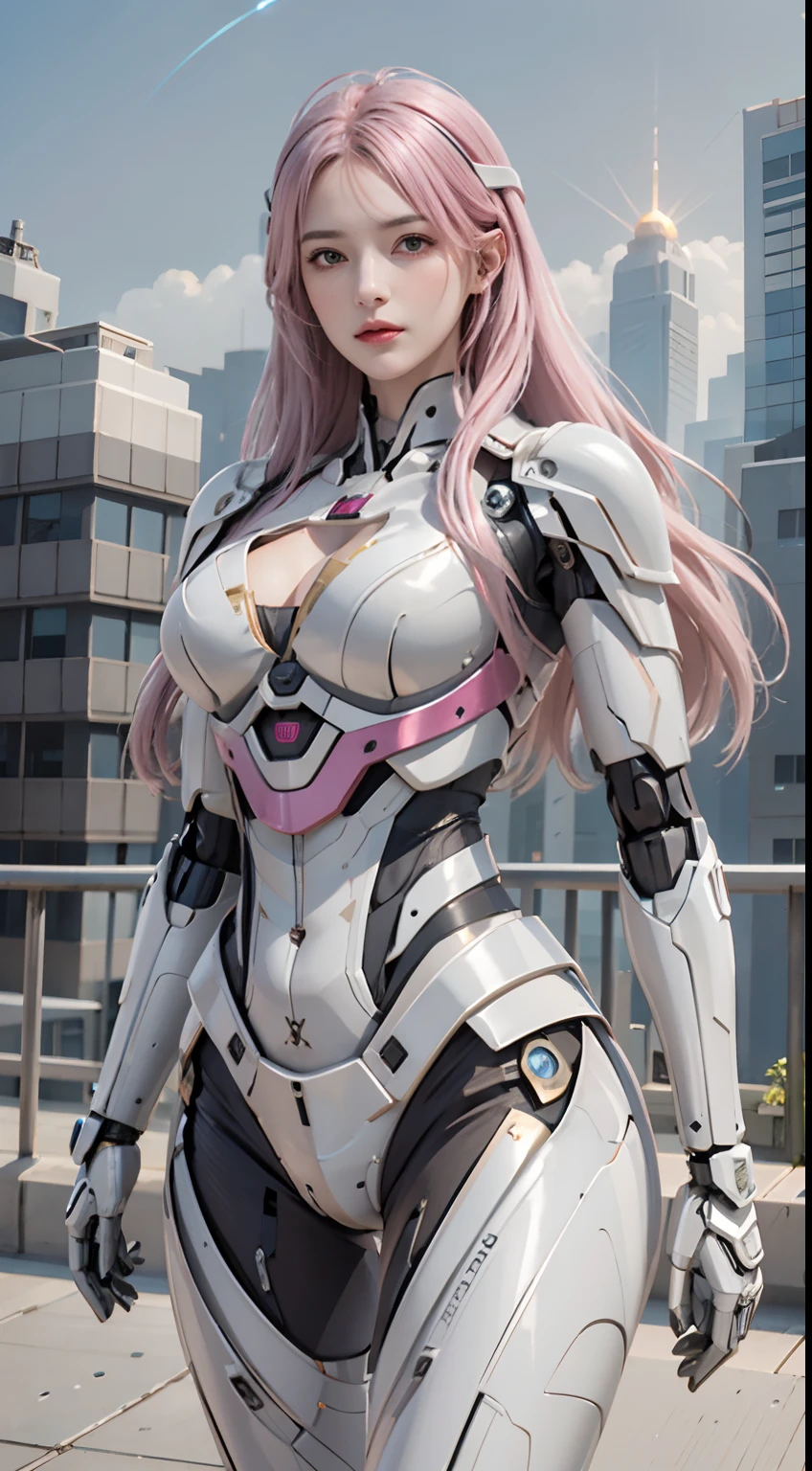 Photorealistic, high resolution, Soft light,1womanl, Solo, Hips up, (Detailed face), Pink hair, Long hair, Mecha musume, mechanicalparts, robotjoints, single mechanical arm, Headgear, Mechanical Aura, Star halo, electric mechanical bodysuit, mecha corset, komono, Full armor, City at night