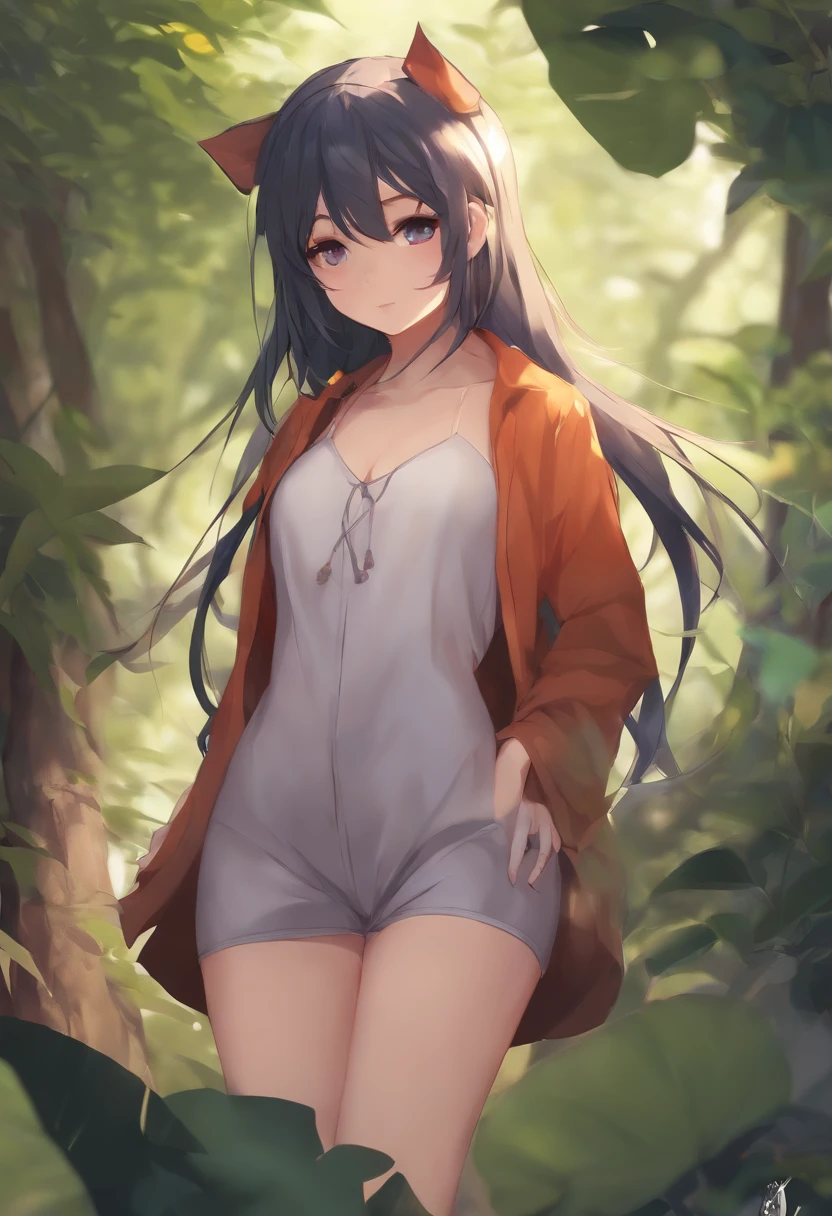 Anime girl in short shorts and a cat ears outfit walking through the woods  - SeaArt AI