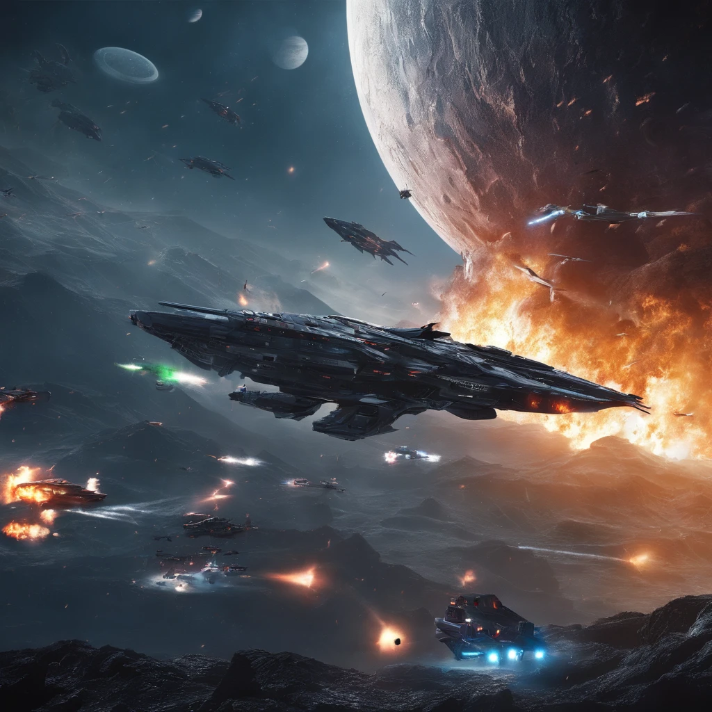 Movie space battle scene， (Dense warplanes attack spaceships:1.2),Destruction and volumetric lighting,Very detailed.)