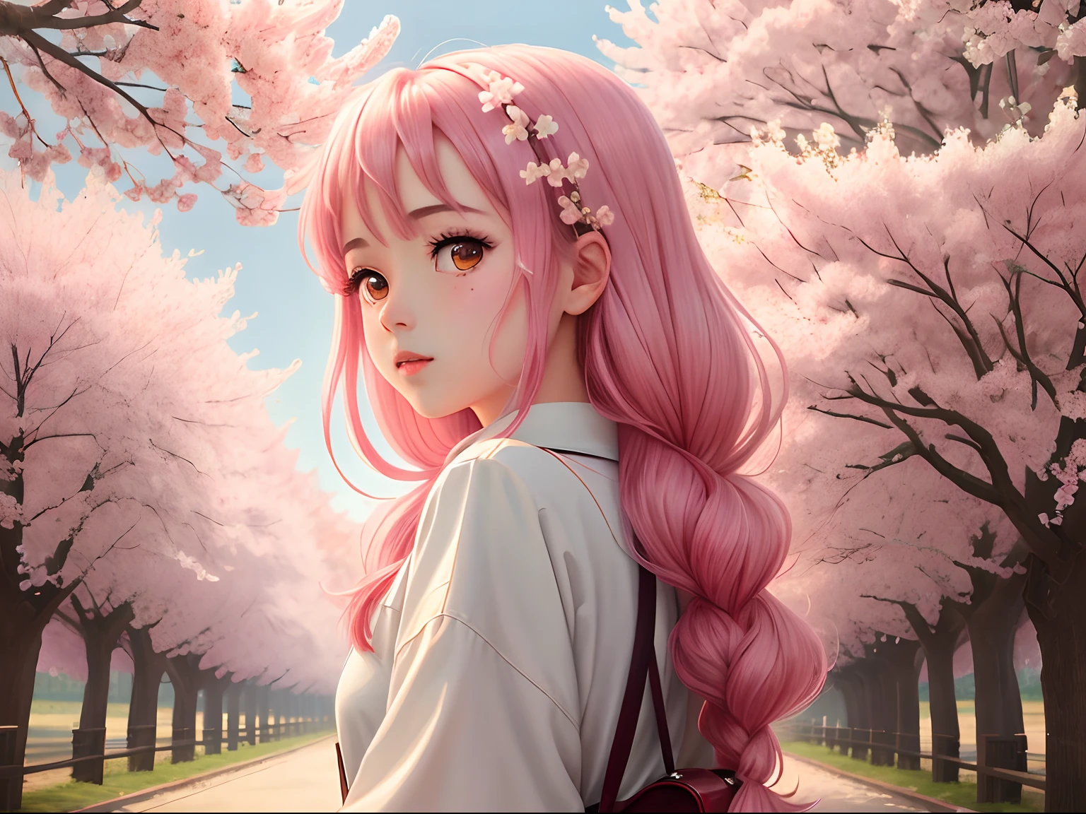 (obra de arte), (melhor qualidade), (extremamente detalhado), (Papel de parede 8k), um campo de árvores sakura de tirar o fôlego com flores de cerejeira até onde a vista alcança, estilo anime, menina no centro olhando para o espectador