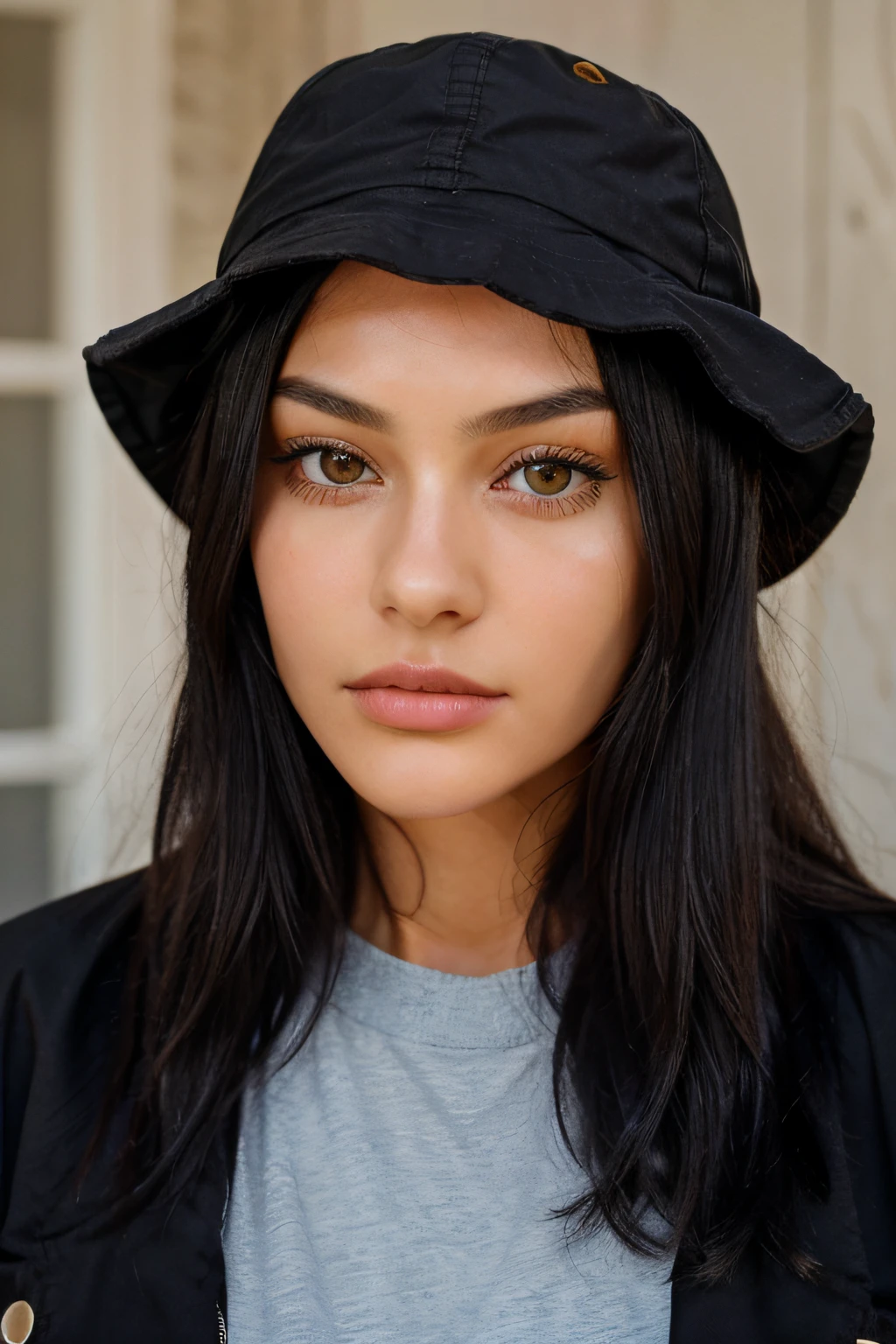 A 23-year-old woman with black hair and wearing a 'bucket hat' hat, Looking  directly