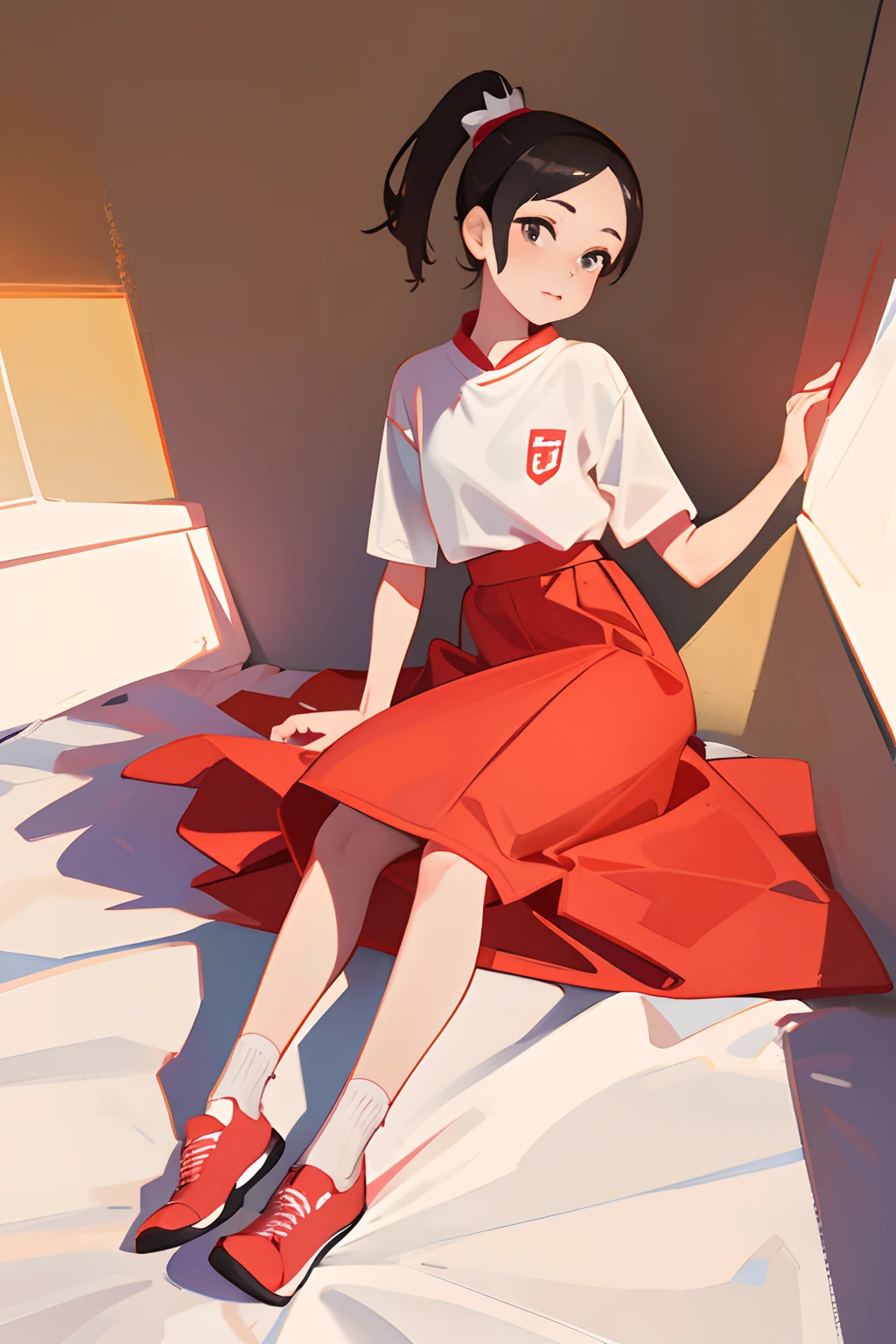 1girll, Solo，White shirt, Red skirt, Socks, double-ponytail，4K Ultra HD, 超高分辨率, (Photorealistic: 1.4), Best quality，Masterpiece，Utra dilution，（pastel colour：1.2）