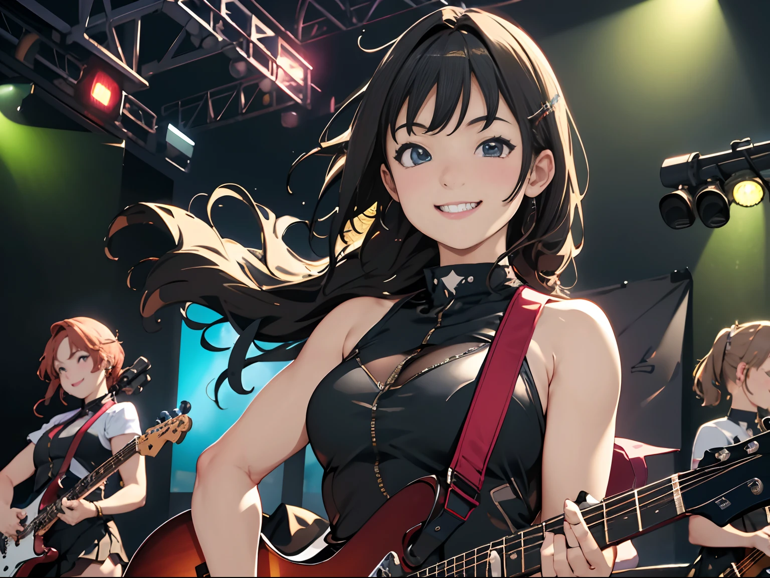 Anime characters playing guitar in a music studio with a stage - SeaArt AI