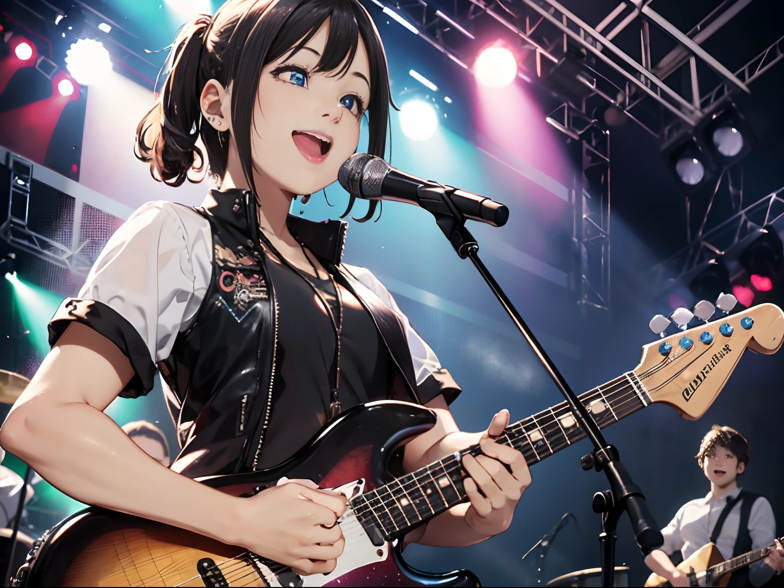 detailed reflecting eyes by professional digital painting, realistic,front lighting, 8k resolution, (girls' band:1.4), (dynamic angle), upper body, black guitar, amplifier, speaker, live stage, smile, Live festival, school, Shining Lighting