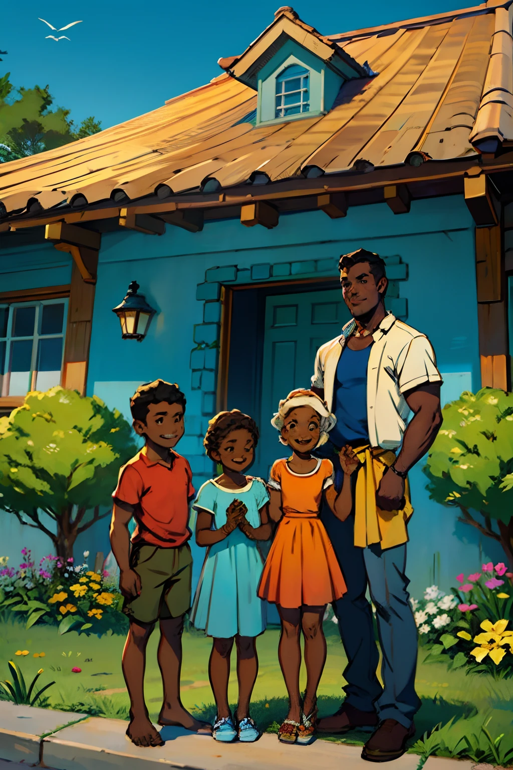 A happy dark skinned family, standing in front of a house, making friendly welcoming gestures, arms opened, hands waving, background a house, in summer, daytime light, mood is nurturing, nourishing, character design.