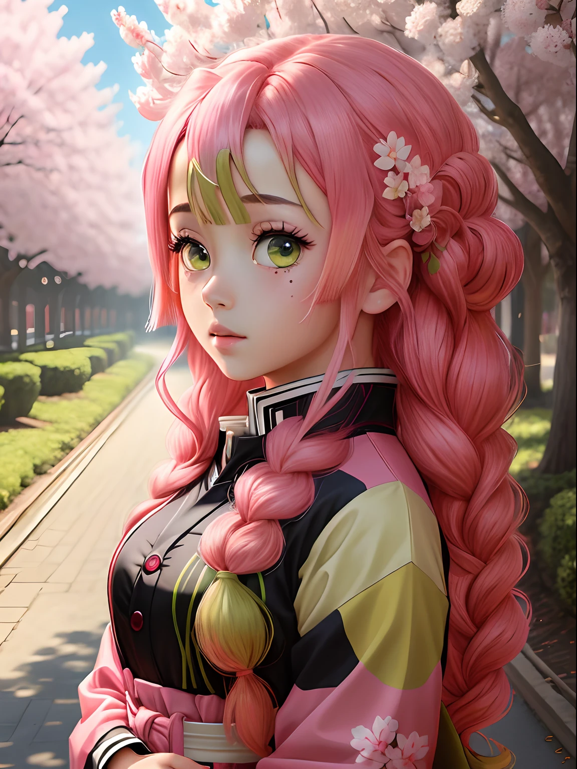 (chef-d&#39;œuvre), (Meilleure qualité), (extrêmement détaillé), (Fond d&#39;écran 8k), un champ de sakura à couper le souffle avec des fleurs de cerisier à perte de vue, Style animé, fille au centre regardant le spectateur, cheveux roses et verts, Kanroji Mitsuri, Kimetsu no Yaiba, Tueur de démons, fille de Hashira