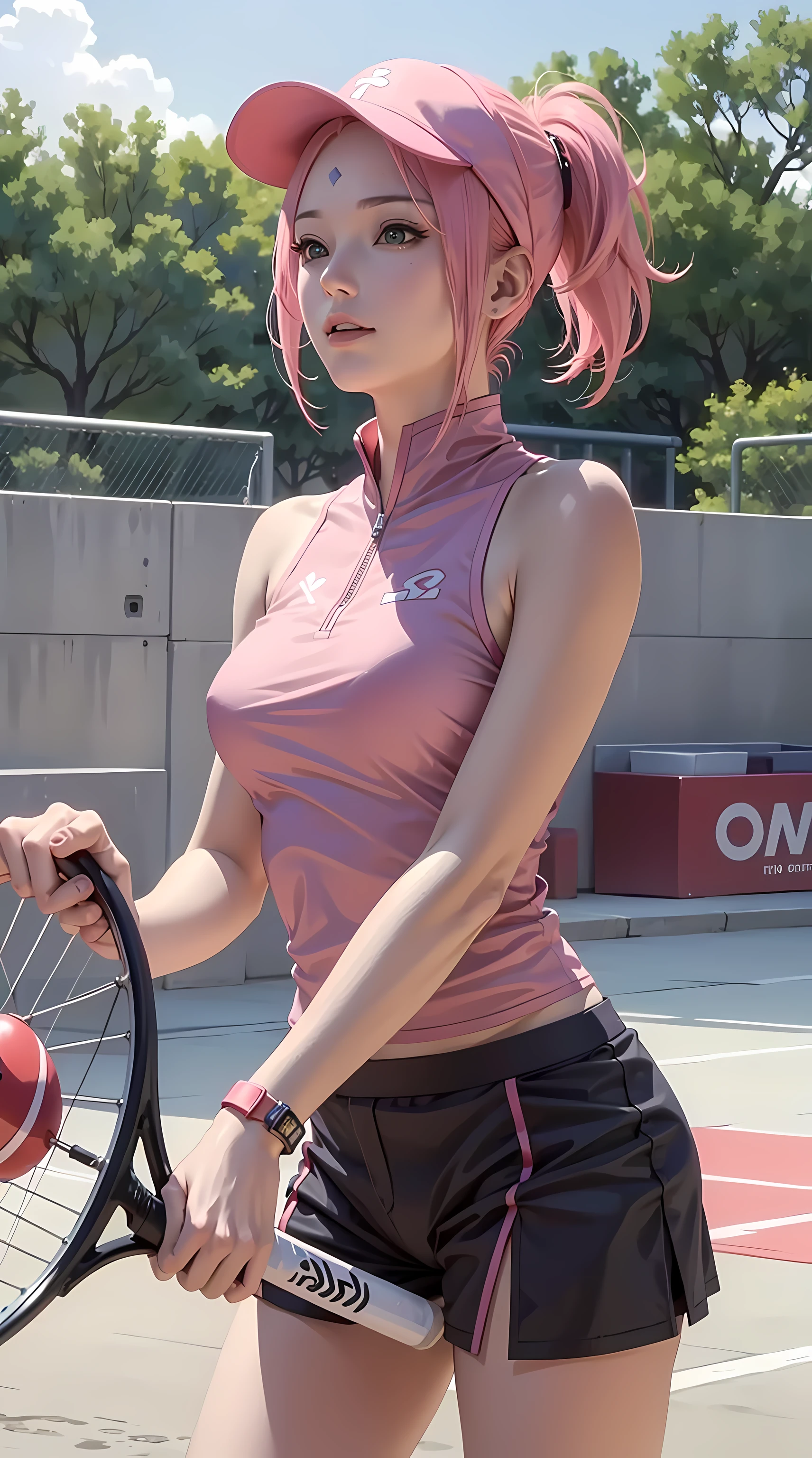 Haruno Sakura, forehead mark, Sakura from the Naruto anime, short hair, pink hair, ponytail, beautiful, beautiful woman, perfect body, perfect breasts, wearing tennis clothes, wearing a tennis hat, on the tennis court, holding a tennis racket, looking at the viewer, slight smile, realism, masterpiece, textured skin, super detail, high detail, high quality, best quality, 1080p, 16k