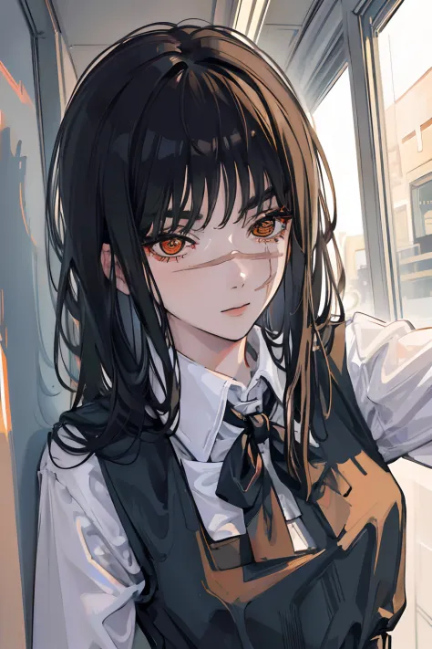 (masuter piece,Best Quality,Ultra-detailed),1girl in,A dark-haired,Gold Eye,Yol,Schoolgirls' uniform, portlate