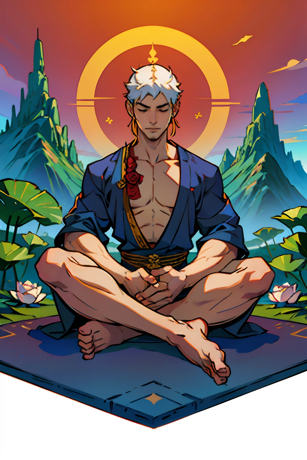 A calm and serene spiritual man, meditating on a floating carpet, in lotus pose, with roses on the ground, background is a single mountain peak, mood is solace, aplomb, comfort, daytime light, character design.