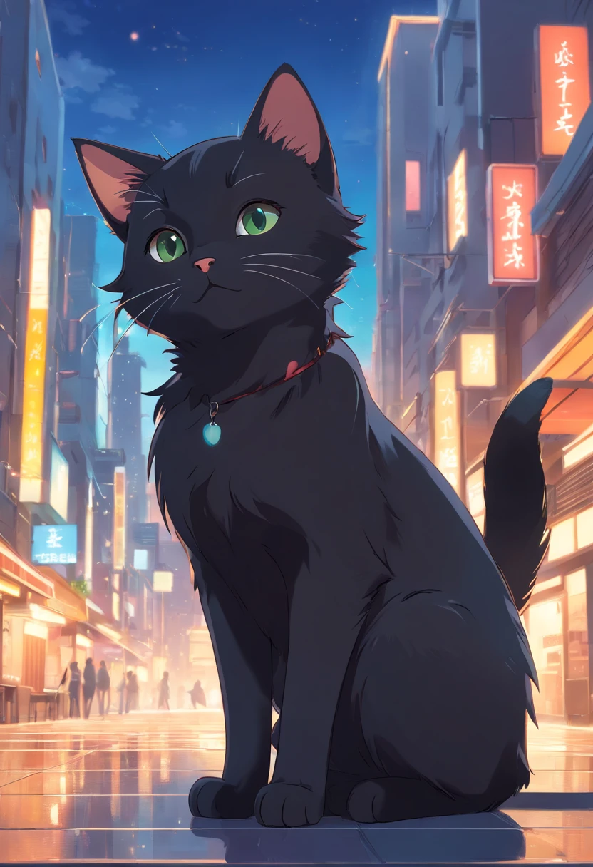 Anime cat sitting on the ground in a city at night - SeaArt AI