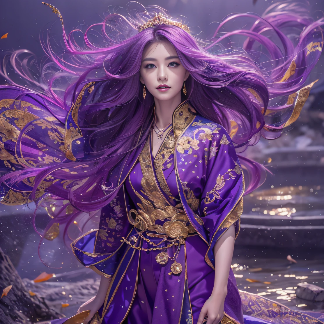 Genki Girl 32K（tmasterpiece，k hd，hyper HD，32K）Long flowing bright purple hair，Autumn Pond，zydink， a color，  Asian people （Genki girl）， （Silk scarf）， Combat posture， looking at the ground， long whitr hair， Floating bright purple， Fire cloud pattern gold tiara， Chinese long-sleeved gold silk garment， （Abstract metaverse splash：1.2）， white backgrounid，Lotus Vitality Protector（realisticlying：1.4），Bright purple hair，Smoke on the road，The background is pure， A high resolution， the detail， RAW photogr， Sharp Re， Nikon D850 Film Stock Photo by Jefferies Lee 4 Kodak Portra 400 Camera F1.6 shots, Rich colors, ultra-realistic vivid textures, Dramatic lighting, Unreal Engine Art Station Trend, cinestir 800，A girl with flowing bright purple long hair