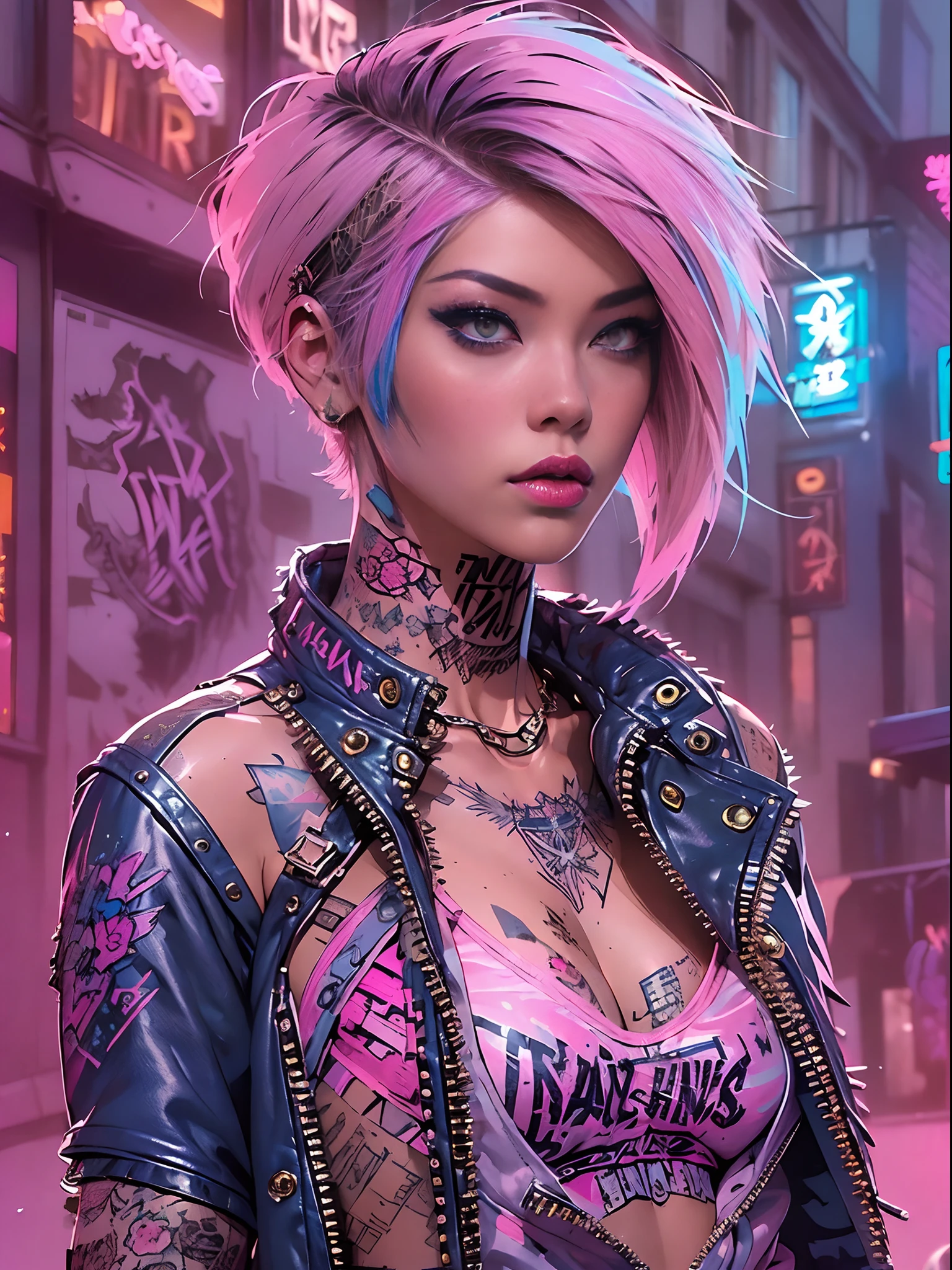 (((of the highest quality: 1.4))),(unparalleled masterpiece ever), (Ultra high definition),(Ultra-realistic 8K CG), offcial art、 (((adult body))), (((1girl in))), ((( Bob Shorthair ))), Punk girl with a perfect body, Jacket with metal spines,Beautiful and well-groomed face,,Detailed punk fashion,leather jackets, (Image from head to thigh),(( Bob shorthair with blue highlights on pink )), Small leather panties, Simon Bisley's urban savage style,Detailed street background of London,Clean abs, Complex graphics, dark pink with pink stars and gray and white stripes,,, (( Many poisonous tattoos )), ,