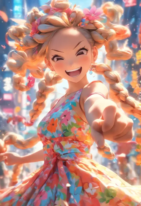 Genki girl，vivaciousness，adolable，Floral dress，Twist braids，big laughter，Full body like，dances，The face is meticulously depicted