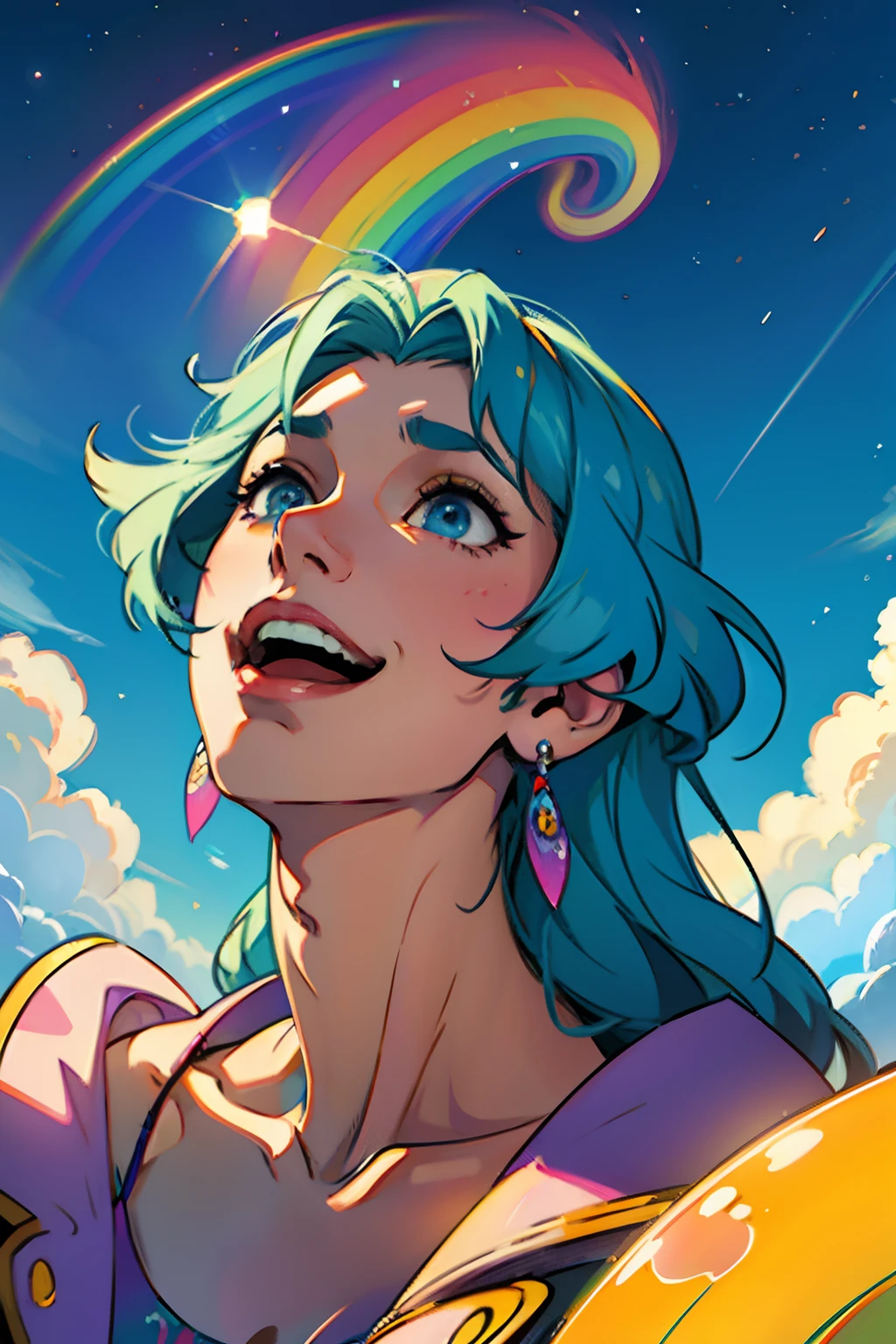 A happy woman, having a psychedelic hallucination, looking up to the sky and laughing, background is clouds and rainbow colors, mood is delight, imagination, dreamy, daytime light, character design.