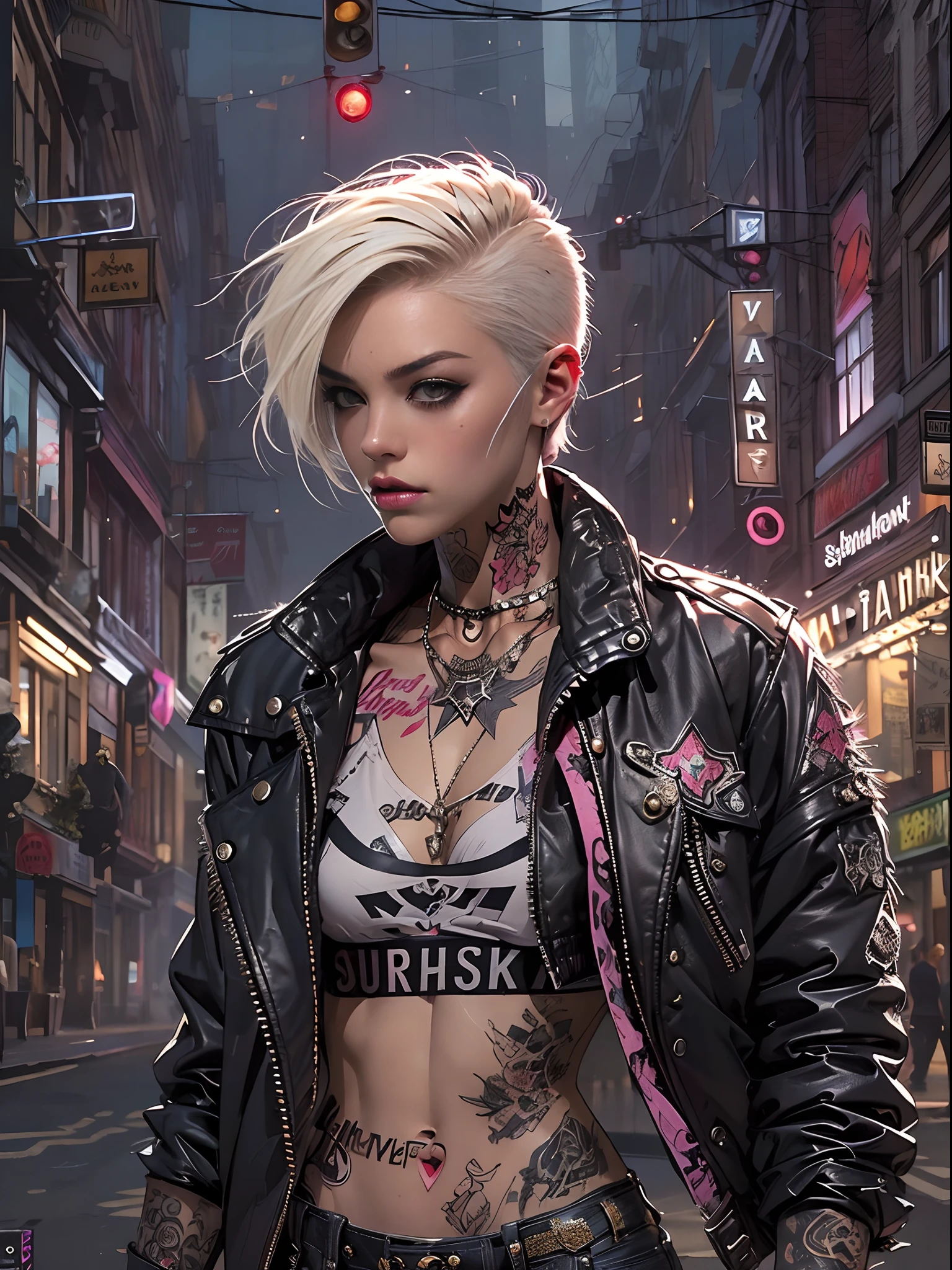 (((of the highest quality: 1.4))),(unparalleled masterpiece ever), (Ultra high definition),(Ultra-realistic 8K CG), offcial art、 (((adult body))), (((1girl in))), ((( Bob Shorthair ))), Punk girl with a perfect body, Jacket with metal spines,Beautiful and well-groomed face,,Detailed punk fashion,leather jackets, (Image from head to thigh),(( White Blonde Bob Shorthair )), Small leather panties, Simon Bisley's urban savage style,Detailed street background of London,Clean abs, Complex graphics, dark pink with white stars and gray and white stripes,, (( Many poisonous tattoos )), ,