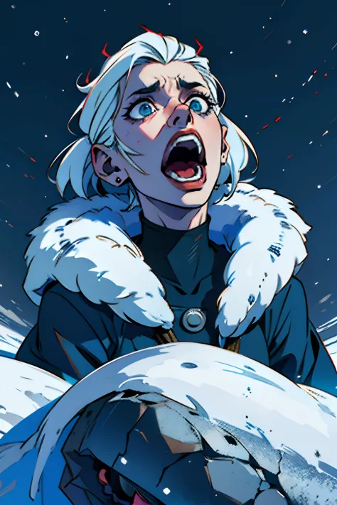 A horrified woman, having a frightening hallucination, looking up to the sky and screaming, background is dark wintery snow drif...