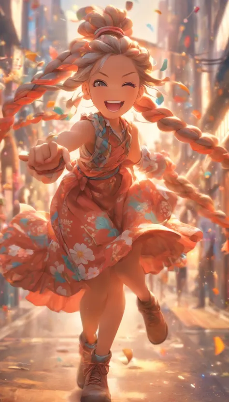 Genki girl，Twist braids，vivaciousness，adolable，Floral dress，Small leather boots，big laughter，Full body like，dances，The face is meticulously depicted，Street crossroads