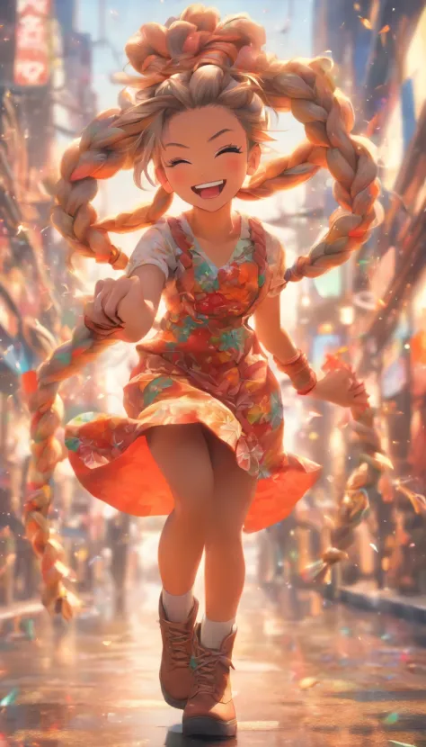 Genki girl，Twist braids，vivaciousness，adolable，Floral dress，Small leather boots，big laughter，Full body like，dances，The face is meticulously depicted，Street crossroads