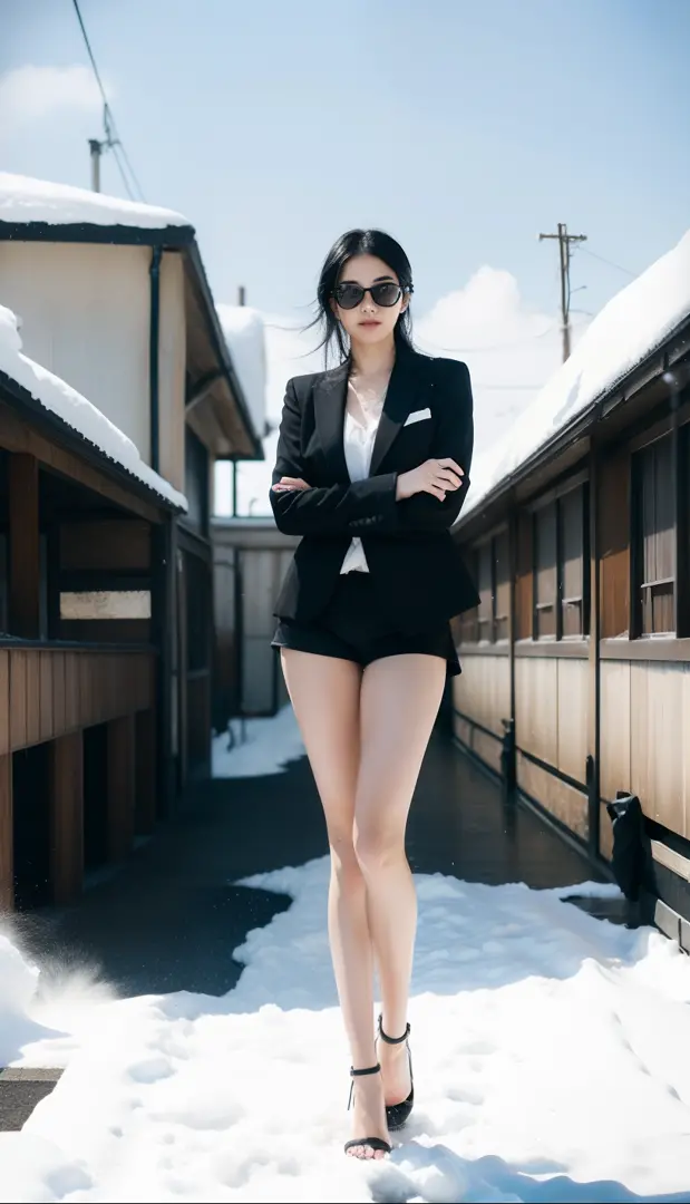 A Japanese Lady、beauitful face、Long Black Hair、Black sunglasses、In a black suit、Black Micro Shorts、Raw feet、tall、beauty legs、lon...