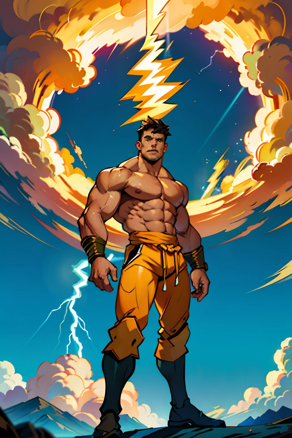 A muscular man standing in a power pose, legs apart, flexing biceps, background is big yellow cloud of explosive of energy with lightning, mood is exciting, vibrant climactic, daytime light, character design.