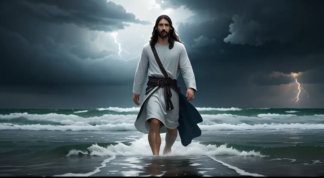 jesus walking on water in a storm, masterpiece, best quality, high quality, extremely detailed CG unit 8k wallpaper, award winning photography, Bokeh, Depth of Field, HDR, bloom, Chromatic aberration, photorealistic, extremely detailed, trending on artstat...