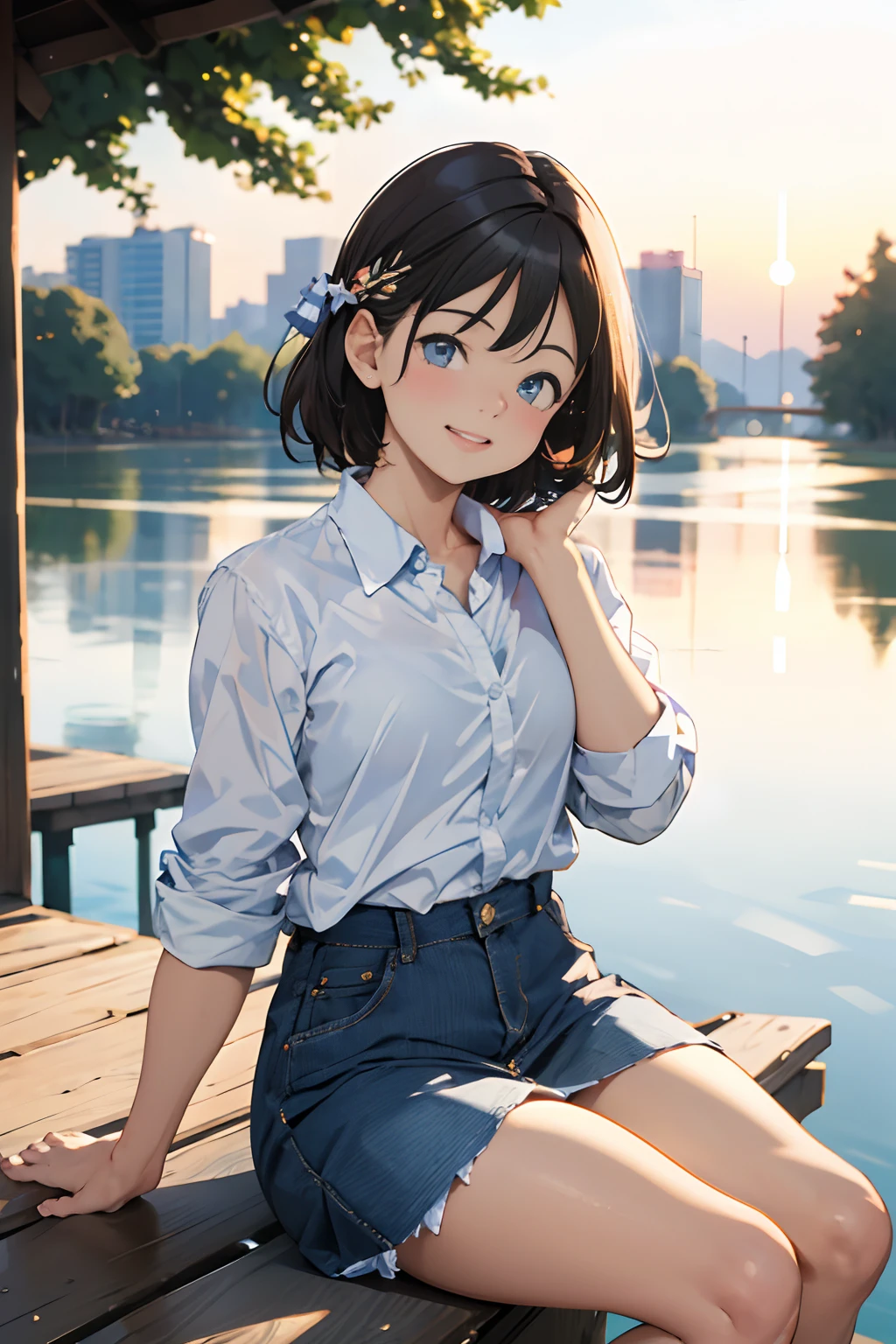 (highest quality, hight resolution, masterpiece:1.3)
dusk, sunset, A girl, white shirt, White sneakers, denim skirt, realisitic, ultra-detailliert, Slimed,
BREAK
Sitting on the riverbank, with her cheeks in her hands, upper body, face focus, Look at viewers, A dark-haired, blue eyes,
BREAK
dynamic light and shadow, hight resolution, foco nítido, depth of fields, A detailed eye,