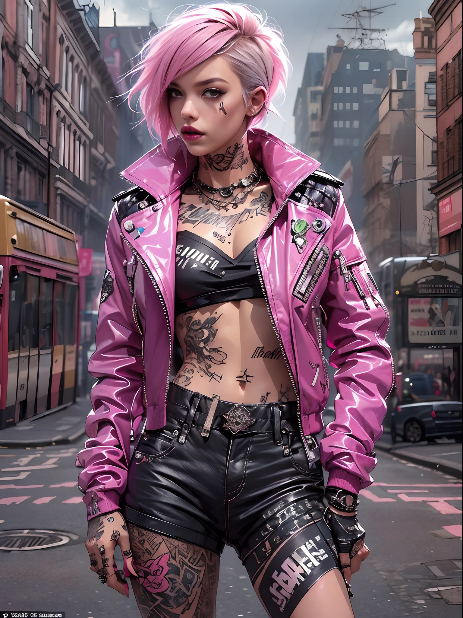 (((of the highest quality: 1.4))),(unparalleled masterpiece ever), (Ultra high definition),(Ultra-realistic 8K CG), offcial art、 (((adult body))), (((1girl in))), ((( Bob Shorthair ))), Punk girl with a perfect body, Jacket with metal spines,Beautiful and well-groomed face,,Detailed punk fashion,leather jackets, (Image from head to thigh),((Pink Bob Shorthair )), Small leather panties, Simon Bisley's urban savage style,Detailed street background of London,Clean abs, Complex graphics, dark pink with white stars and gray and white stripes,,,, (( Many poisonous tattoos )), piercings,
