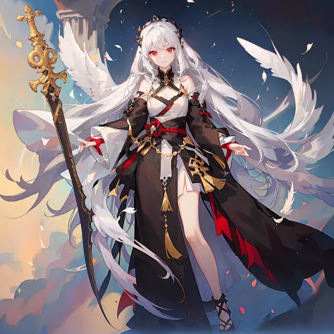 Black and white winged angel，Long pale yellow hair to the waist，Long flowing hair，Dark red eyes，long sword。The eyes are deep and...