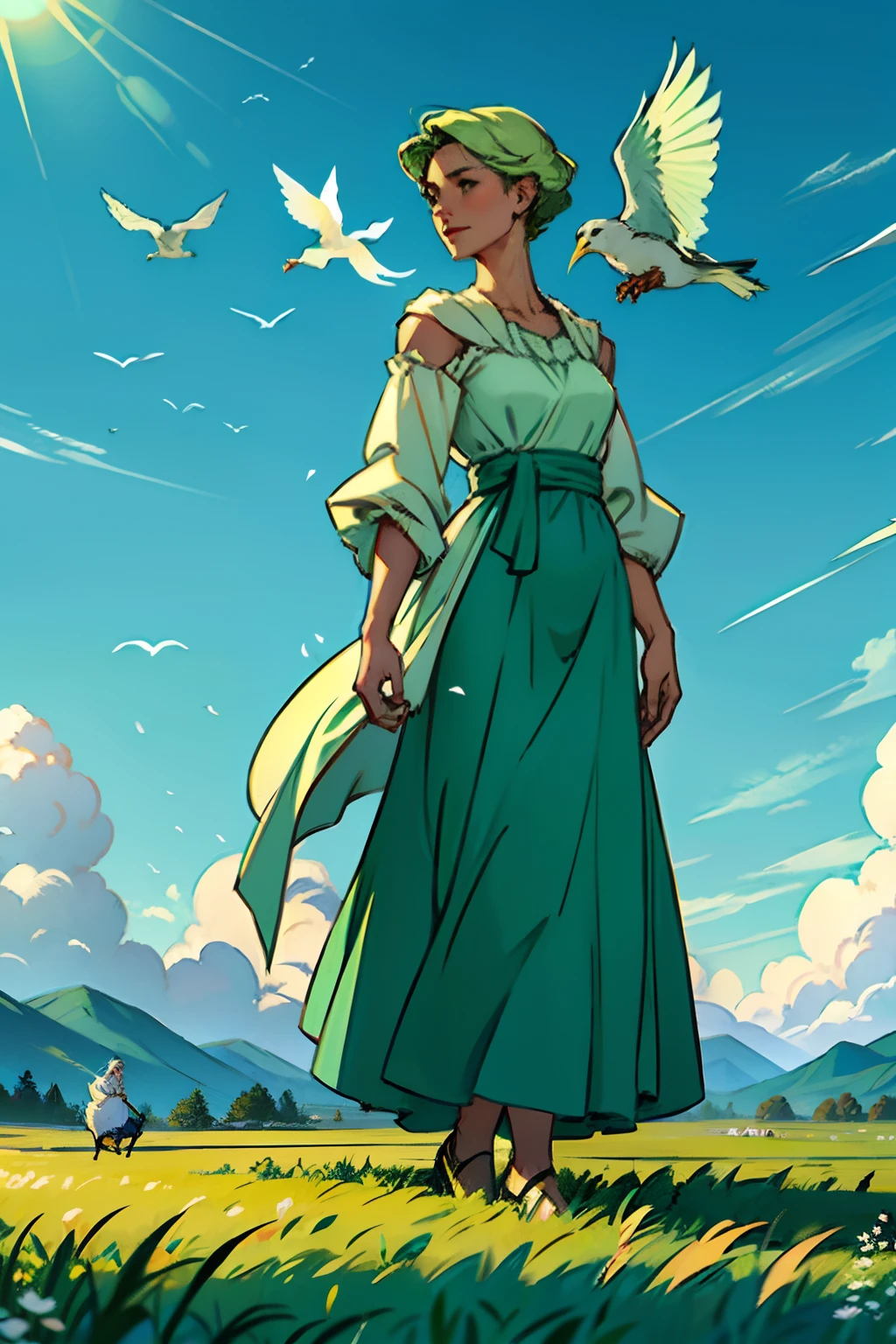 A woman, in an open field, wearing a diaphanous gown, being lifted up to heaven, background is green grassy field, with two white birds flying away, mood is emancipation, liberation, jubilation, daytime light, character design.