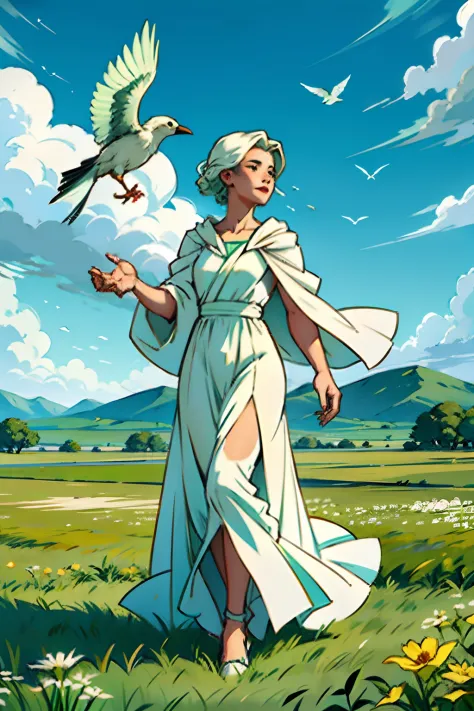 A woman, in an open field, wearing a white diaphanous gown, being lifted up to heaven, background is green grassy field, with tw...