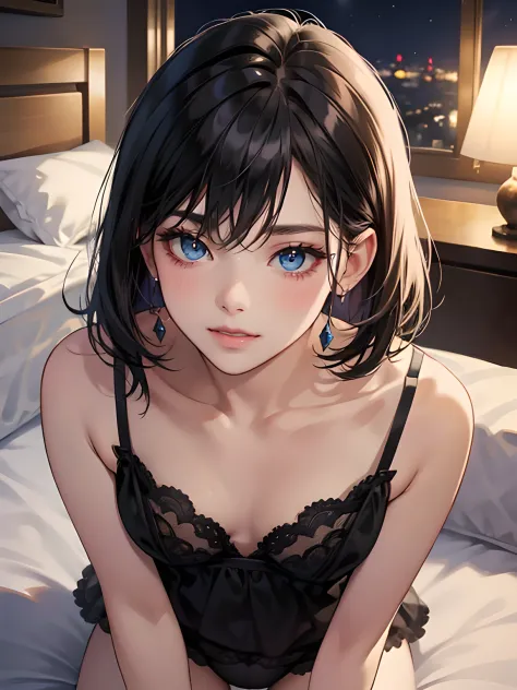 mature woman, small breasts, black short hair with fringe, night dress (lingerie) (choket at thigh), blue eyes, coral lips color, shy smile, shy, blush, naughty face, laying on bed, Surrealism, anime style, depth of field, 8k, super detail, high details, C...