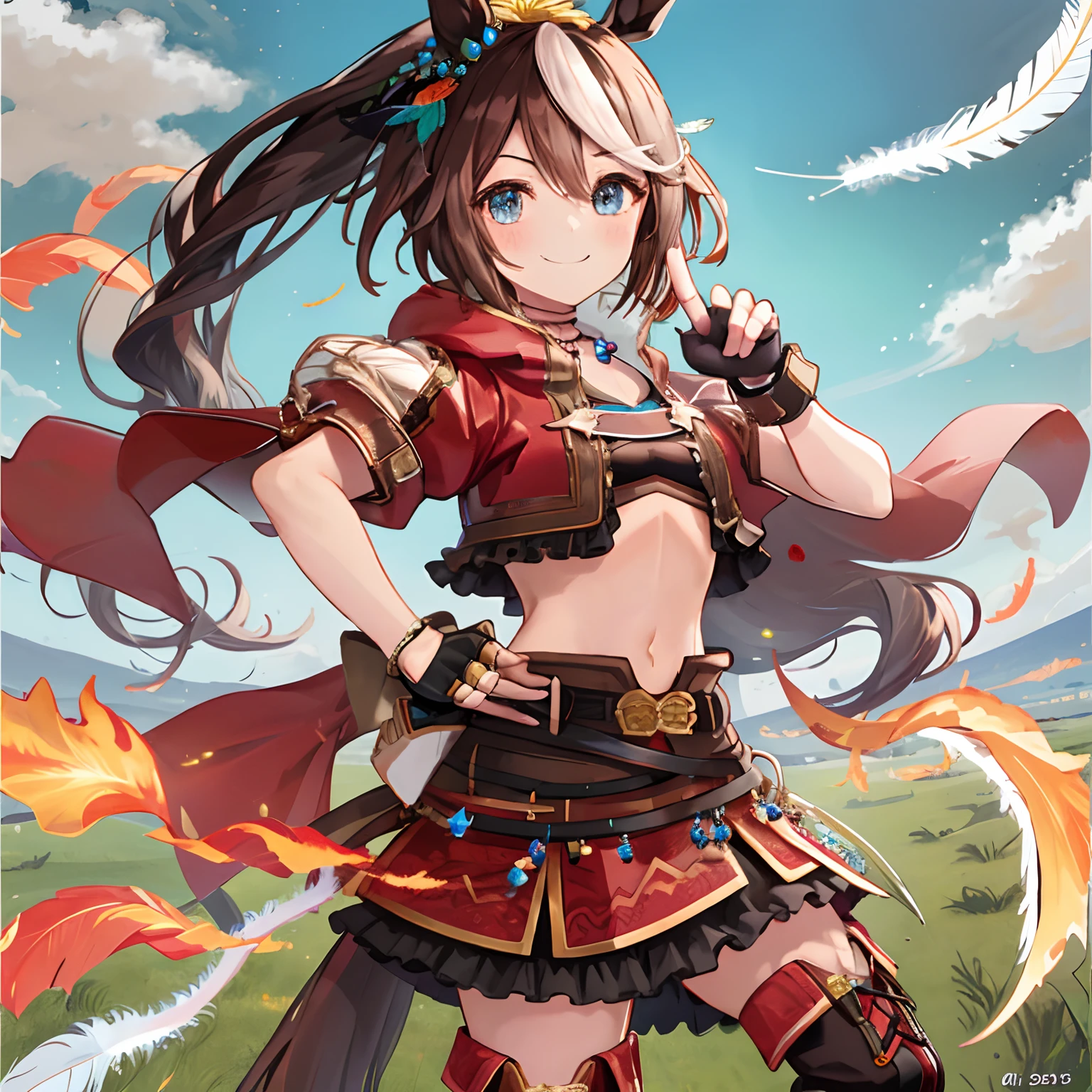 ((masterpiece, best quality)),1girl,Tokai Teio,Tokai Teio(horizon),horse ears,horse girl,brown hair,long hair,high ponytail,streaked_hair,multicolored_hair,blue eyes,jacket,cropped jacket,crop top,midriff,fingerless gloves,short sleeves,navel,skirt,belt,cape,jewelry,frills,hair ornament,hood down,necklace,thighhighs,boots,official_alternate_costume ,smile,victory pose,on grass,cloudy sky,burning feathers, fire,