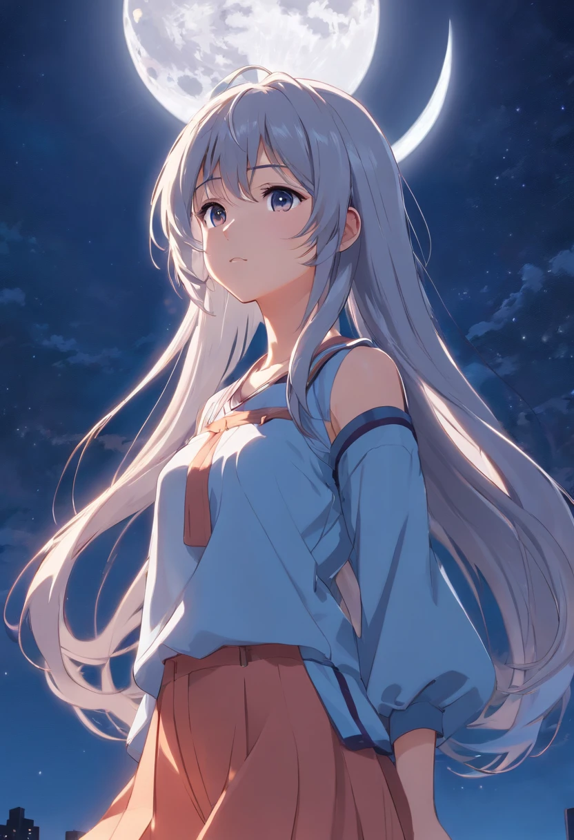 Long hair，the night，full moon，Silver-haired girl，Uniforms