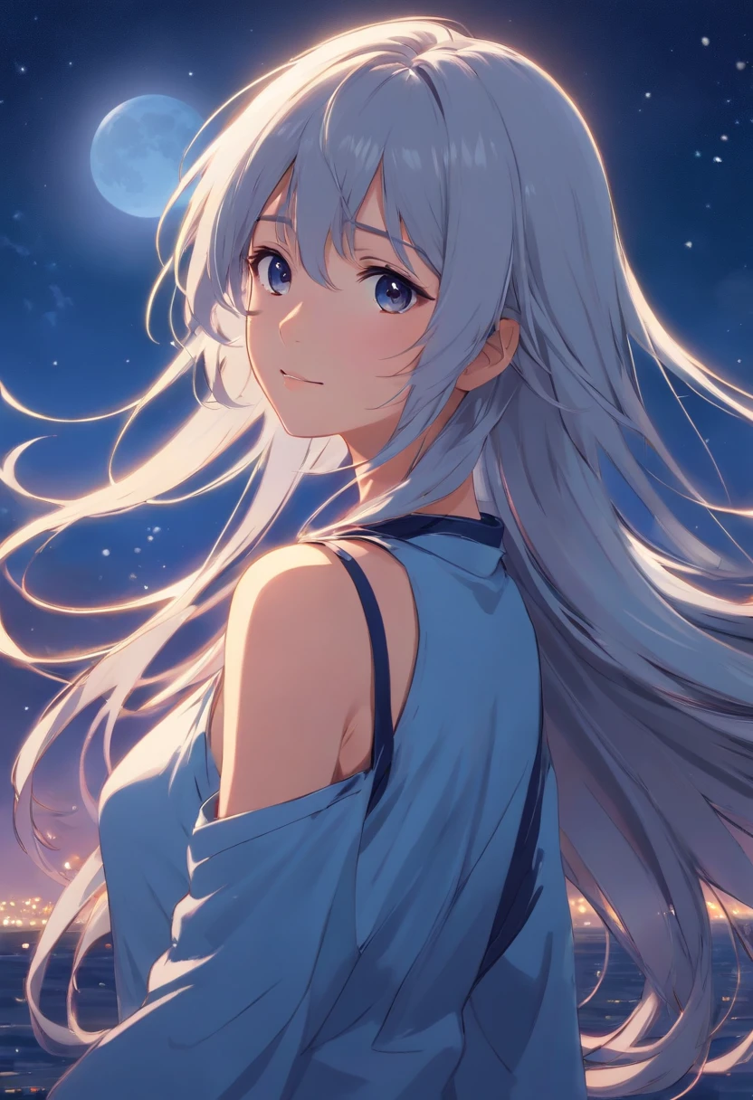 Long hair，the night，full moon，Silver-haired girl，Uniforms，A slight smil，Look at the photo shot