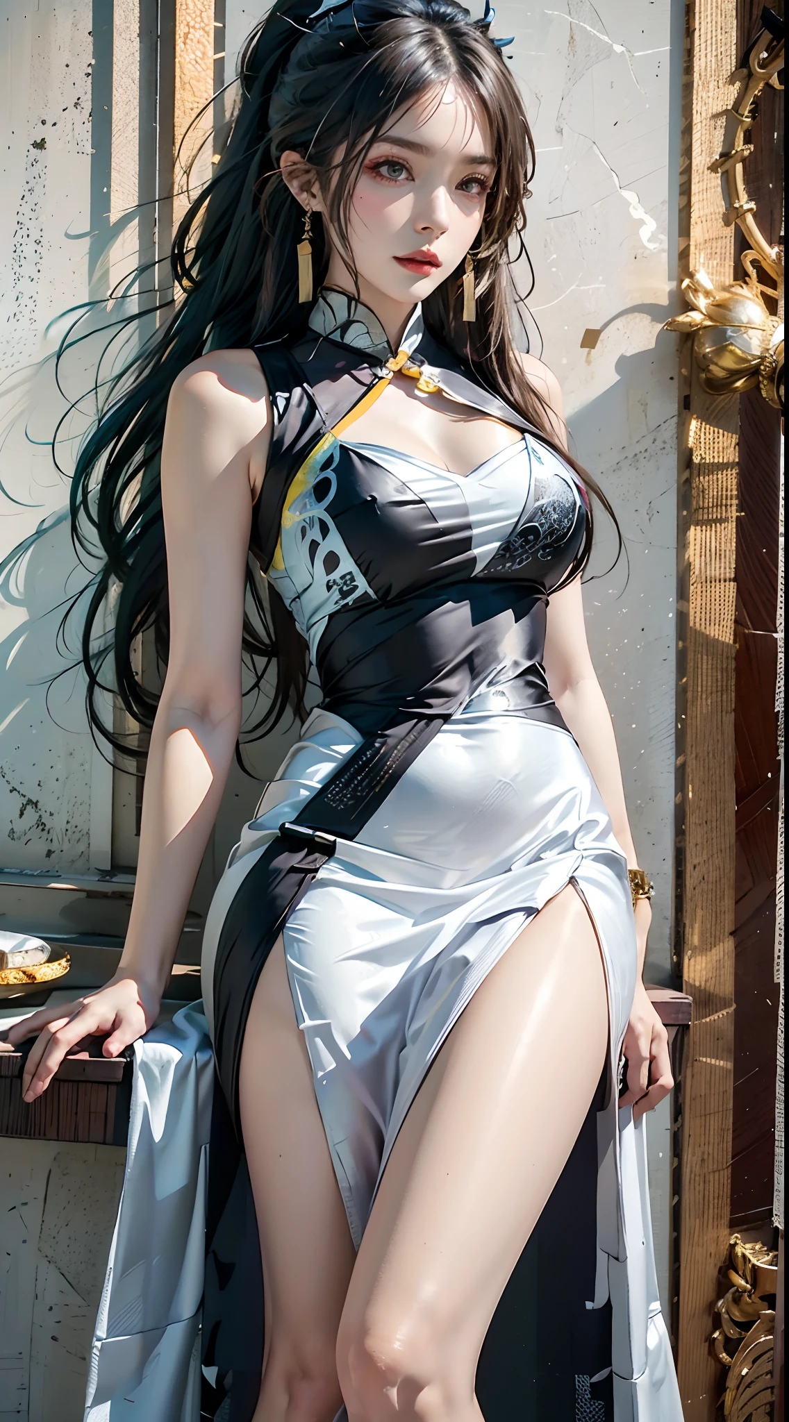 photorealistic, high resolution, 1women, mature female, solo, hips up, china dress, tail, white dress, jewelry, chinese clothes, sleeveless dress, sleeveless, bare shoulders, large breasts, earrings, official alternate costume, thighs, bangs, bracelet, very long hair, colored skin, bead bracelet, beads, crossed legs, signature, arm support, ponytail, tassel earrings