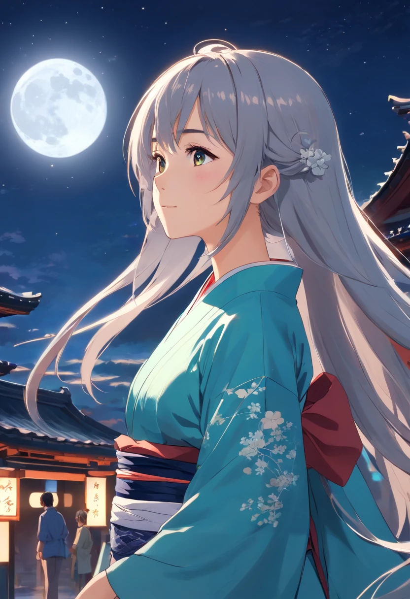 Long hair，the night，full moon，silver hair girl，Chinese Taoist kimono，A slight smil，Look at the lens